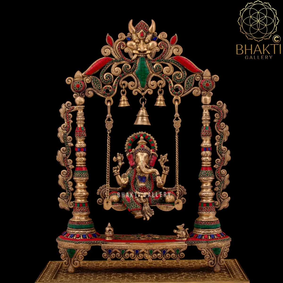 Brass Swinging Ganesha Statue – Large Jhula Ganesh with Stonework