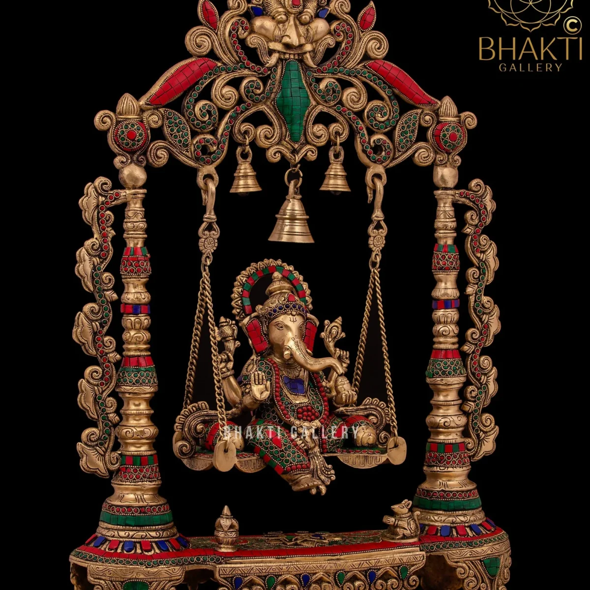 Brass Swinging Ganesha Statue – Large Jhula Ganesh with Stonework