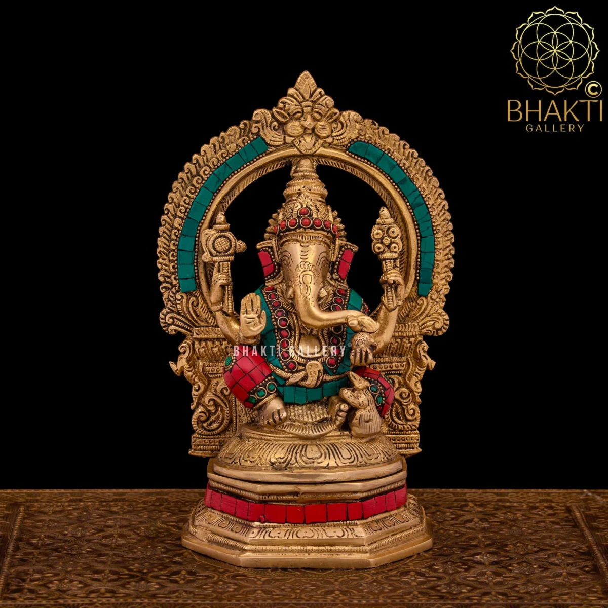 Brass Ganesha Statue with Stonework – 25 cm Ganapathi Idol