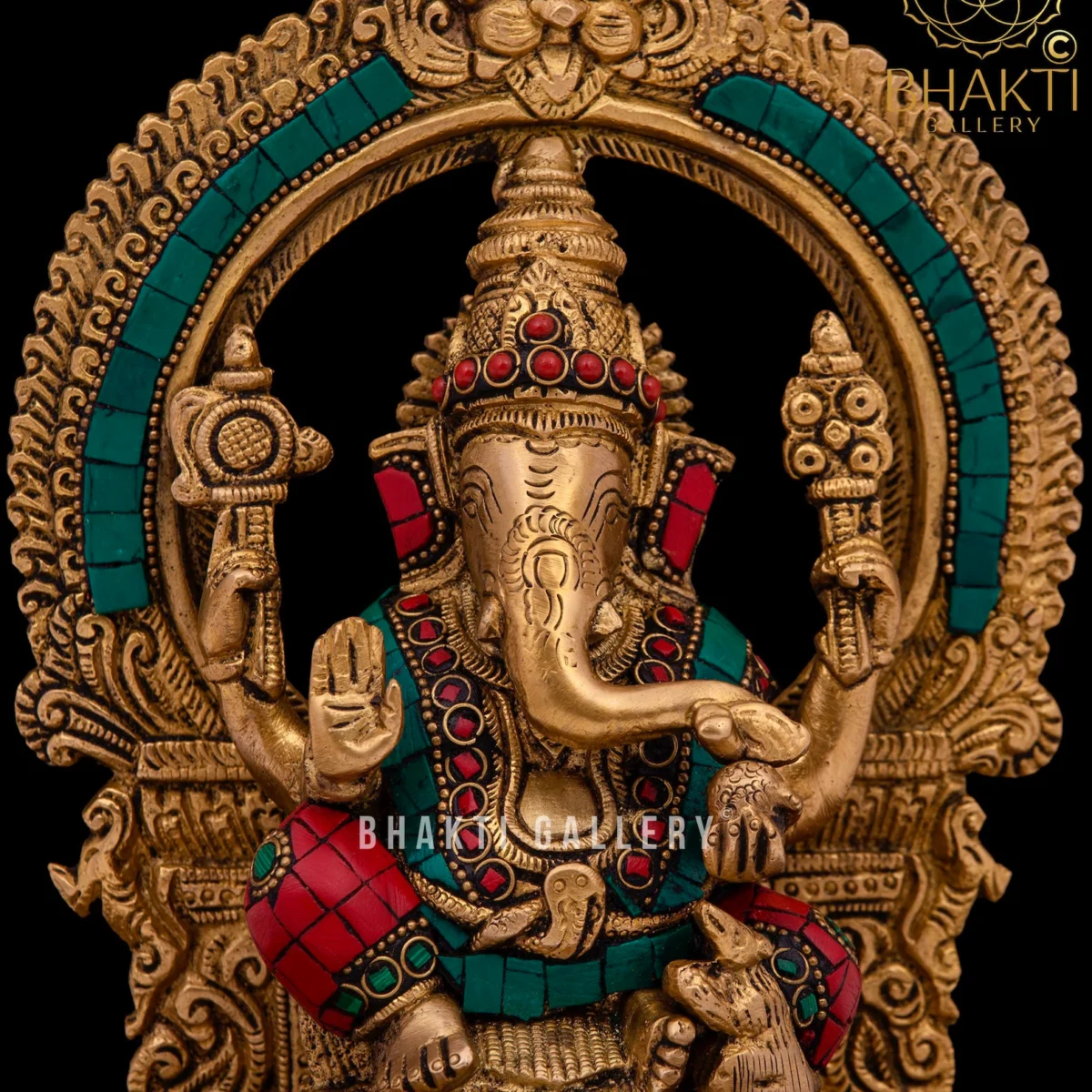 Brass Ganesha Statue with Stonework – 25 cm Ganapathi Idol