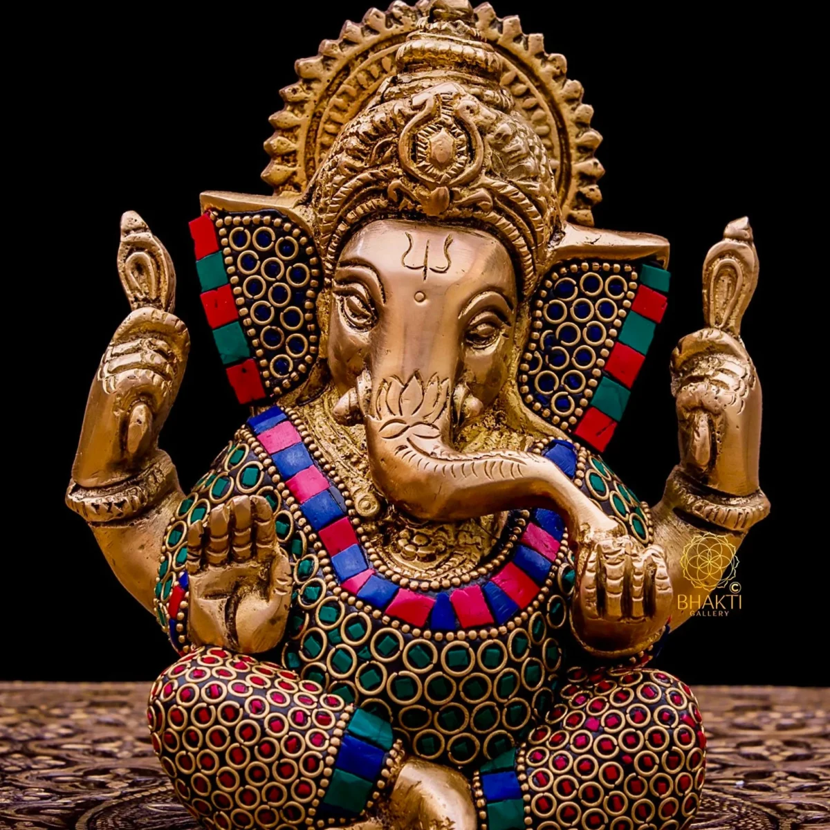 Brass Ganesha Statue – 14 cm Small Size with Stonework