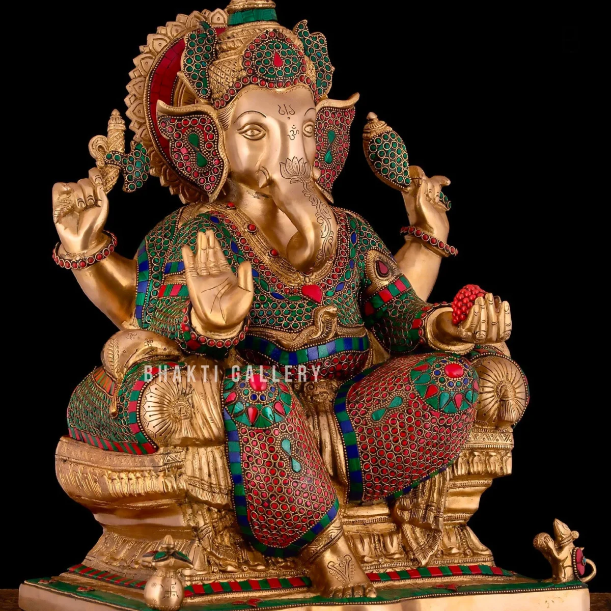 Large Brass Ganesha Statue with Mosaic Stonework – Relaxing Ganesh Sculpture
