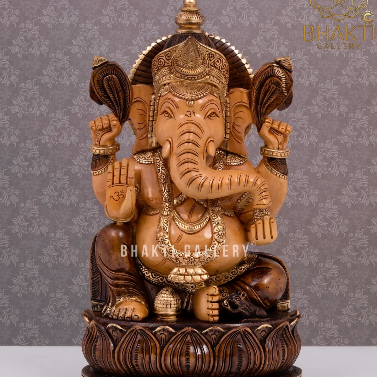 Wooden Ganesha Statue – Brown Golden Finish Hand-Carved Ganapathi Idol