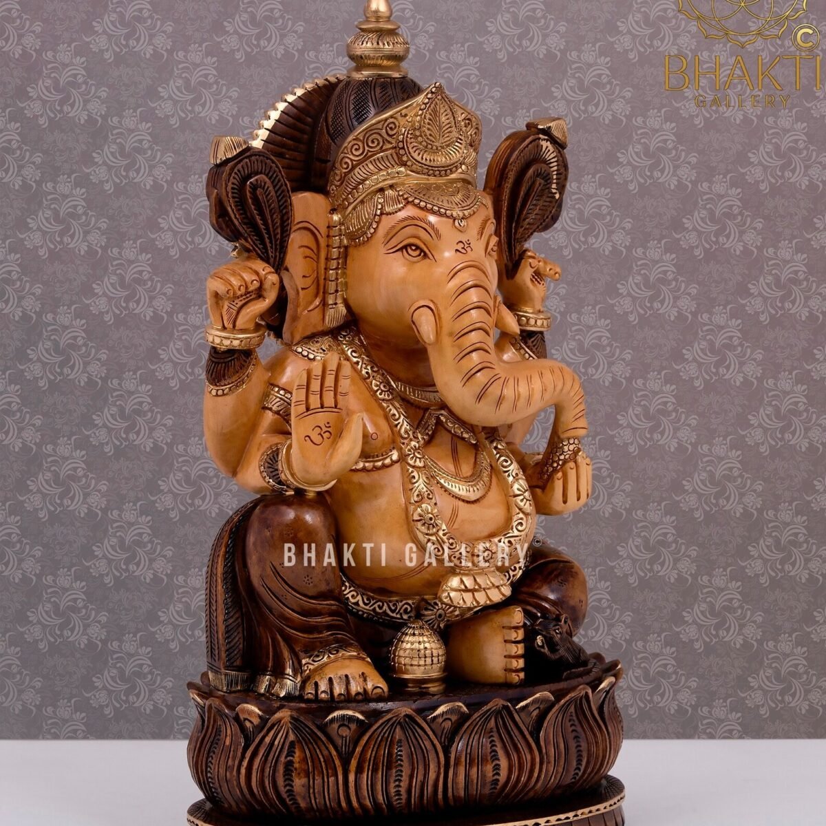 Wooden Ganesha Statue – Brown Golden Finish Hand-Carved Ganapathi Idol