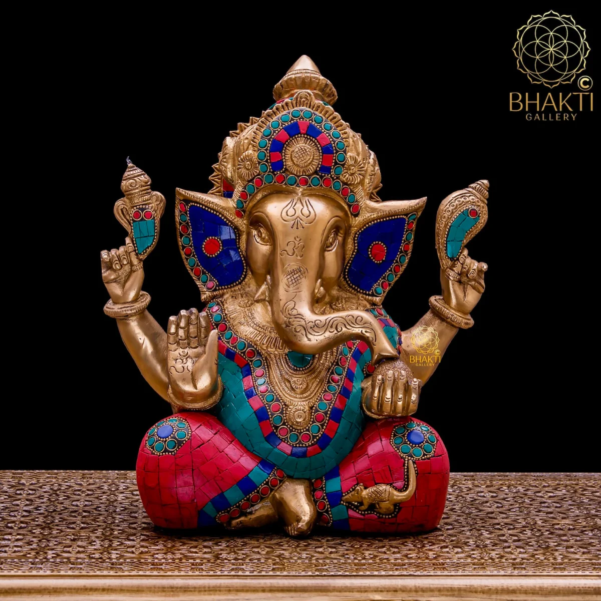 Brass Ganesha Statue with Mosaic Stonework – 30 cm Large Ganpati Idol