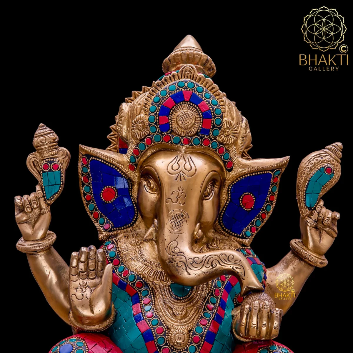 Brass Ganesha Statue with Mosaic Stonework – 30 cm Large Ganpati Idol