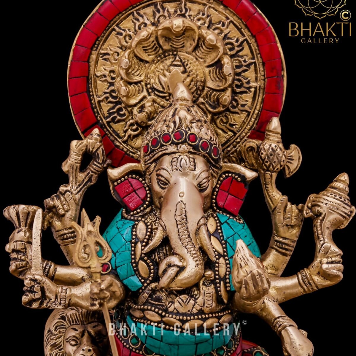 Shubh Drishti Ganesha Brass Statue – 29 cm Ashtabhuja Ganapathi with Lion