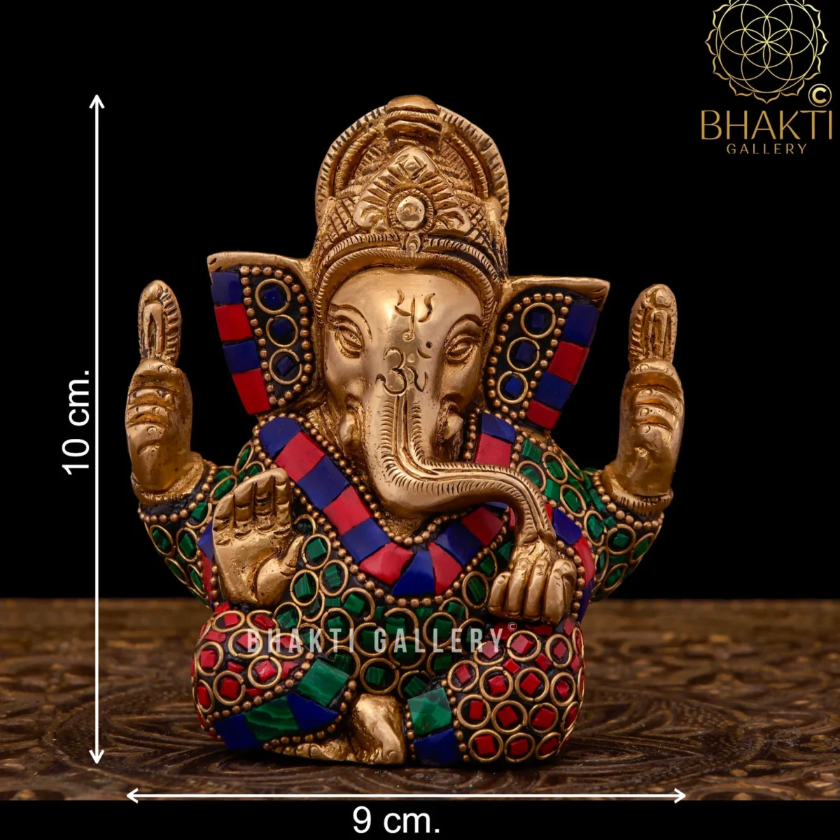 Small Brass Ganesha Statue with Mosaic Stonework – 10 cm Ganesh Idol