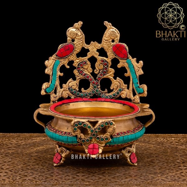Decorative Brass Peacock Urli, 21 cm Stonework Finish Bowl for Home, Office & Festive Decor