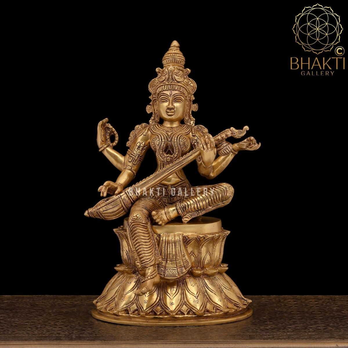 Large Brass Goddess Saraswati Statue, 38 cm Golden Finish Idol, Hindu Goddess of Knowledge, Music & Arts