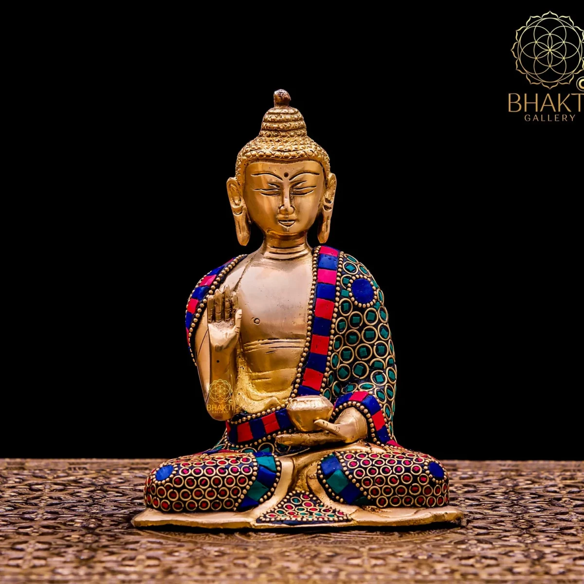Small Brass Buddha Statue (16 cm) – Blessing Lord Buddha Idol with Stonework | Buddhist Altar & Meditation Room Décor