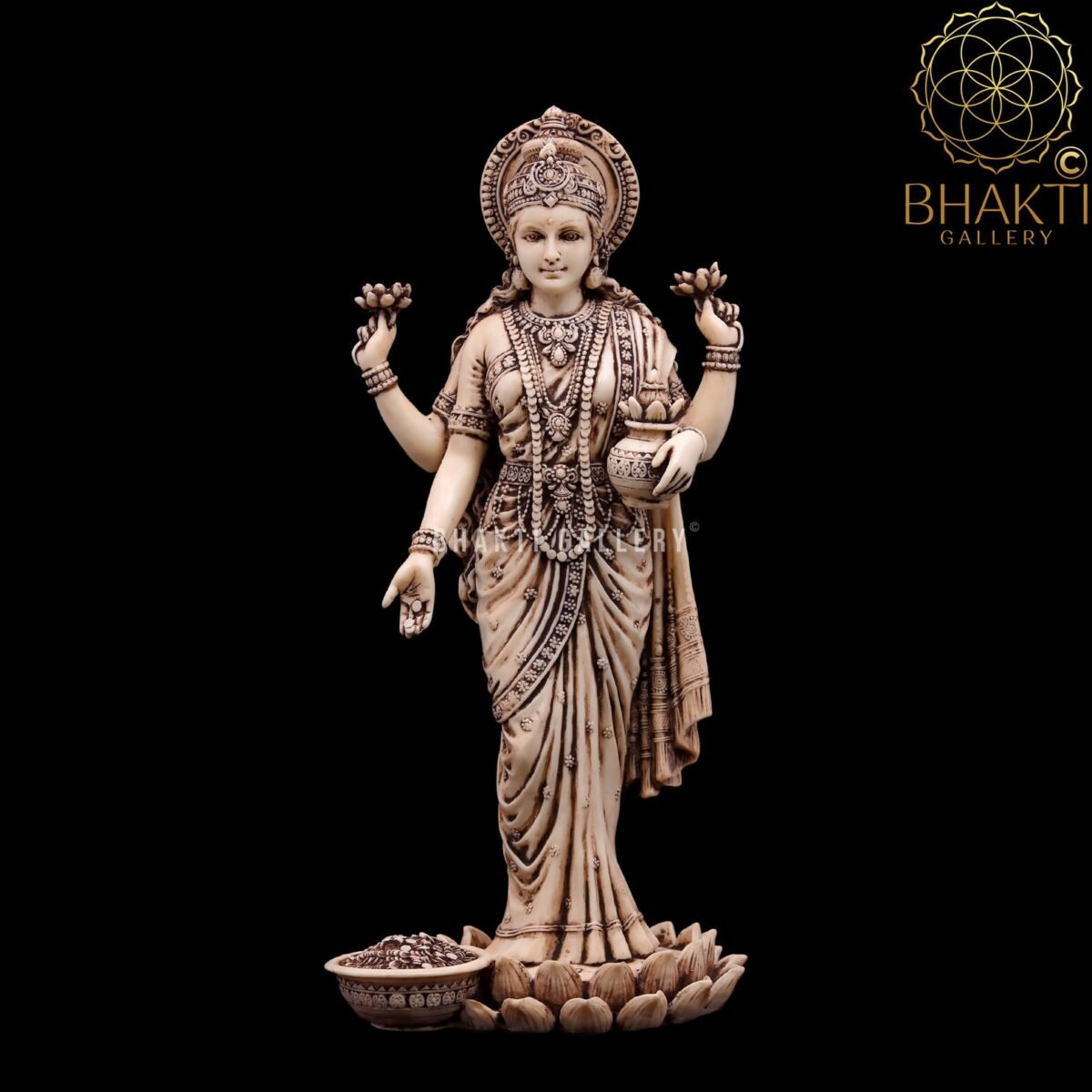 Standing Goddess Lakshmi Statue, 25 cm Antique Finish Dust Marble Laxmi Idol, Goddess of Wealth & Prosperity