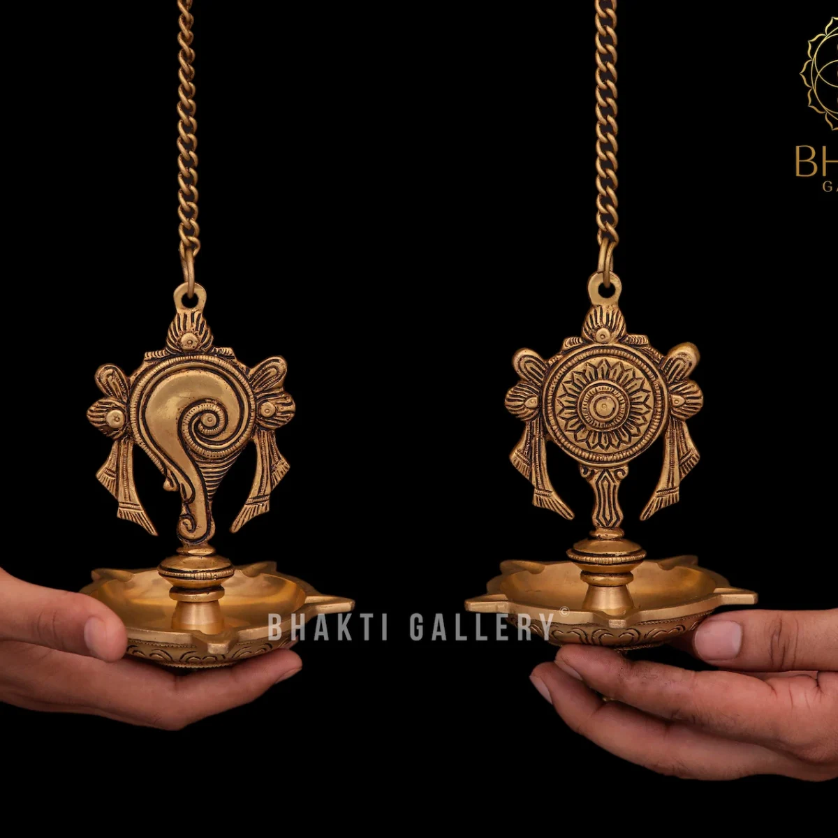 Brass Hanging Shankh Chakra Diya – 62 cm Long Traditional Vishnu Oil Lamp with Chain (Hanging Kuthu Vilakku)