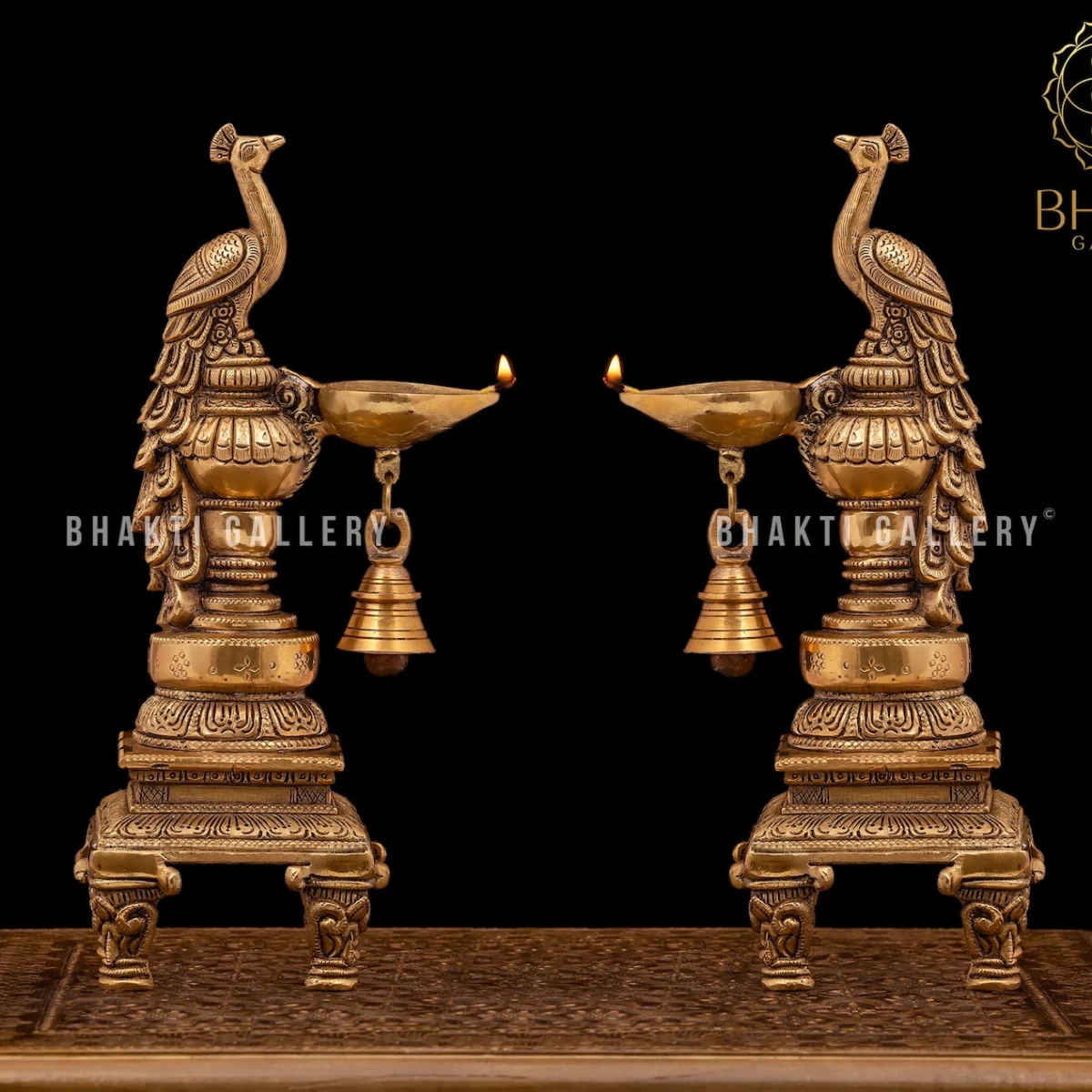 Brass Diya Stand with Bell Set of 2, 27 cm Peacock Design Traditional Oil Lamp