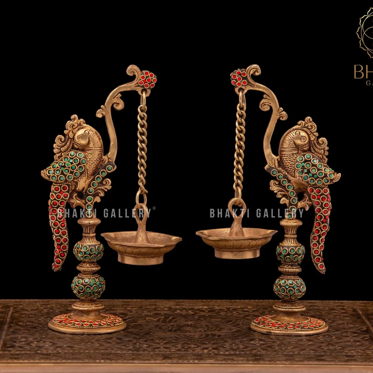 22 cm Parrot Design Brass Diya Set with Mosaic Stonework, 2-Piece Traditional Brass Oil Lamps