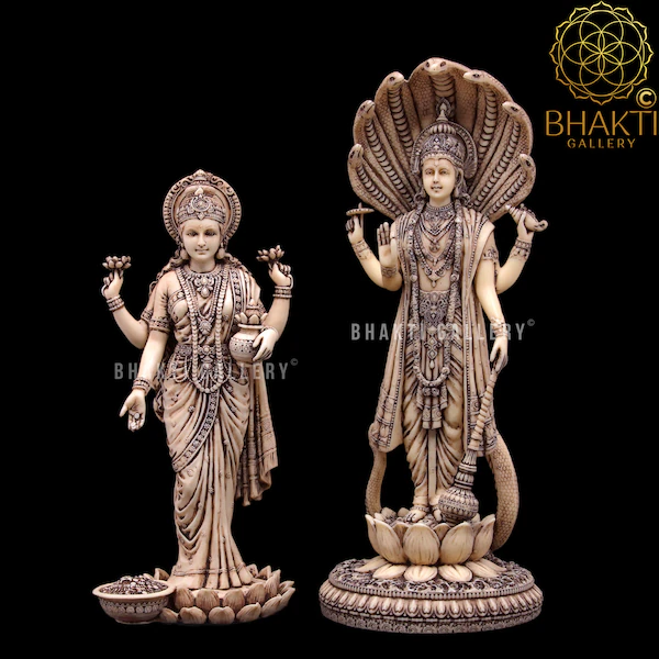 Standing Vishnu Lakshmi Dust Marble Statue, Antique Finish Lakshmi Narayana Murti for Prosperity