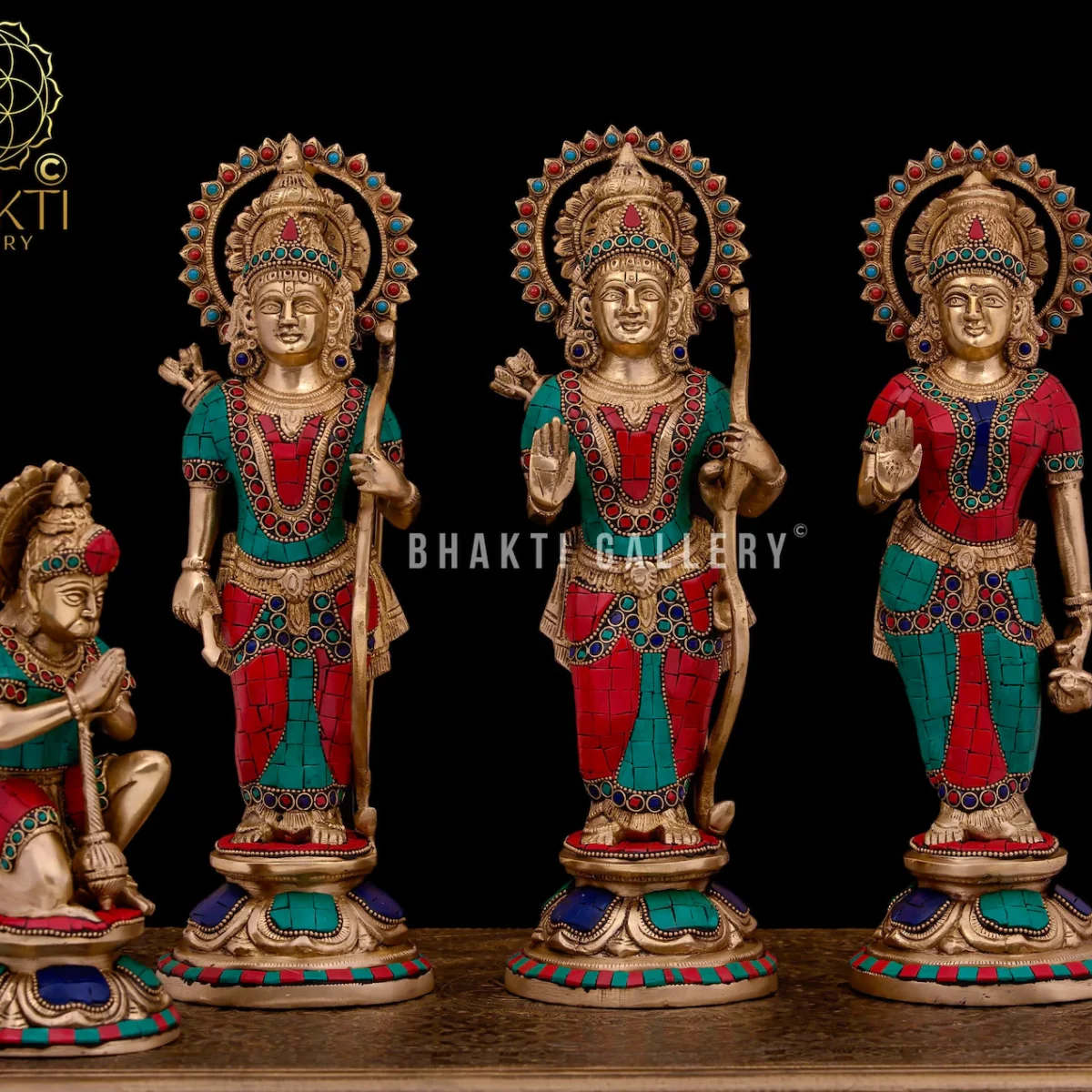 33 cm Brass Ram Darbar Murti with Stonework, Colorful Rama Sita Lakshman Hanuman Idol
