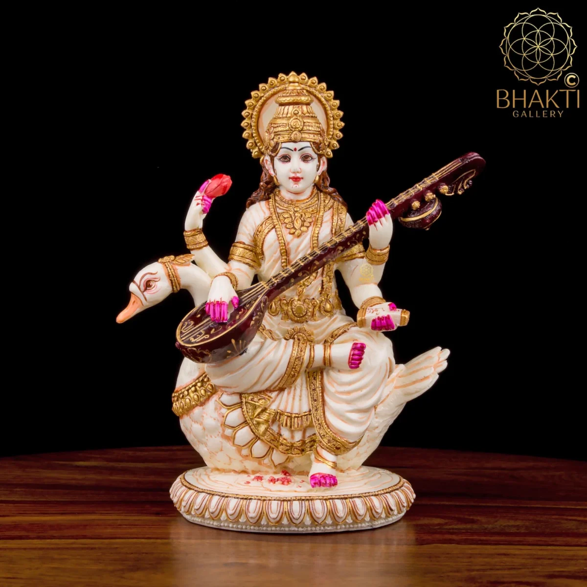 Goddess Saraswati Statue on Swan, 21 cm Hand-Painted Cultured Marble Idol, Hindu Goddess of Knowledge, Music, Arts & Wisdom