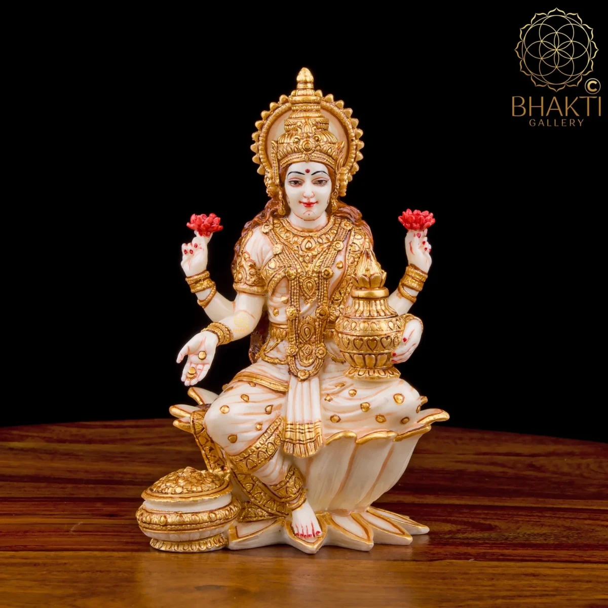 Goddess Lakshmi Statue, 18 cm Hand-Painted Cultured Marble Idol, Hindu Goddess of Wealth, Prosperity & Abundance