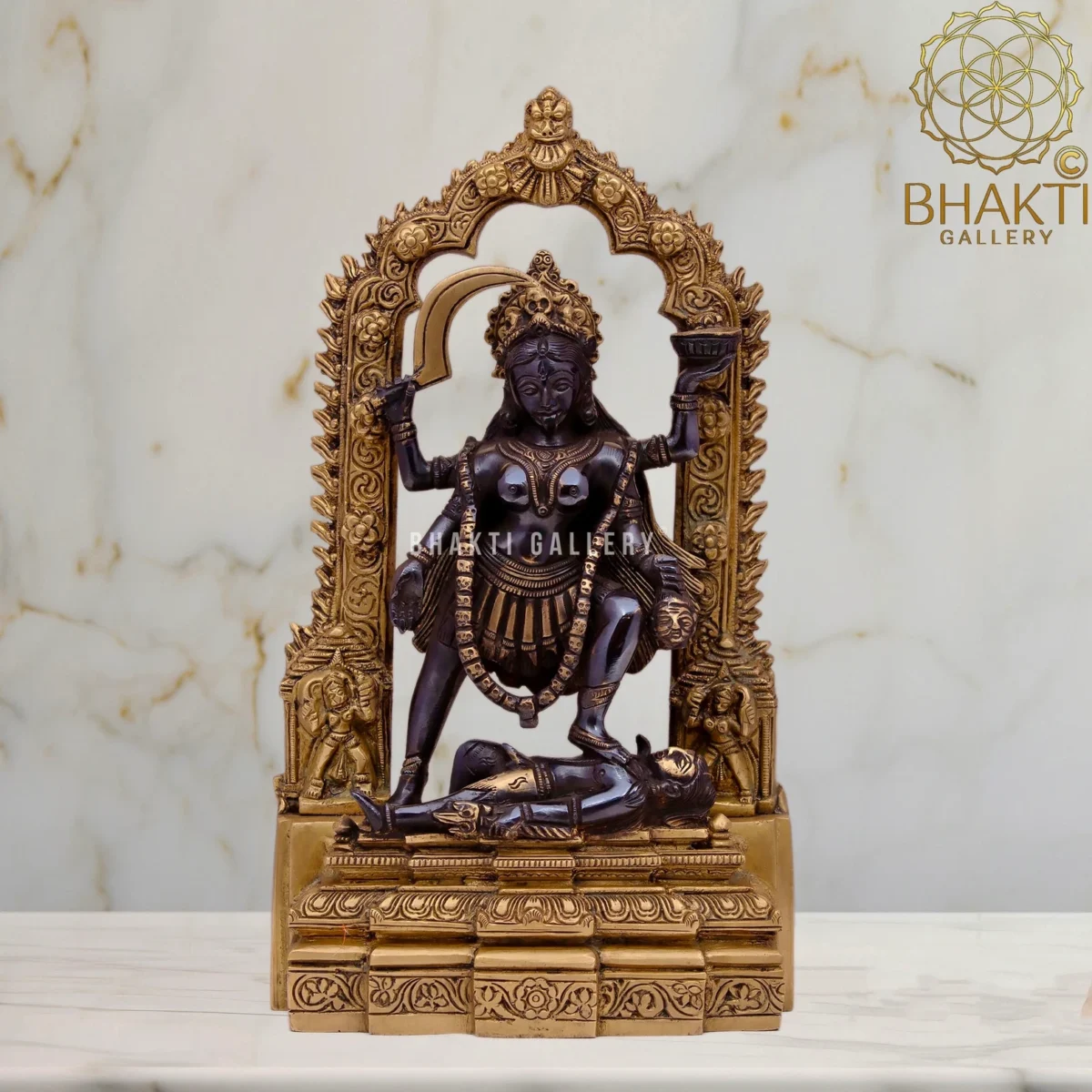 Maa Kali Brass Statue, 27 cm Big Brass Goddess Kali Idol with Black & Golden Finish, Hindu Goddess of Power & Time