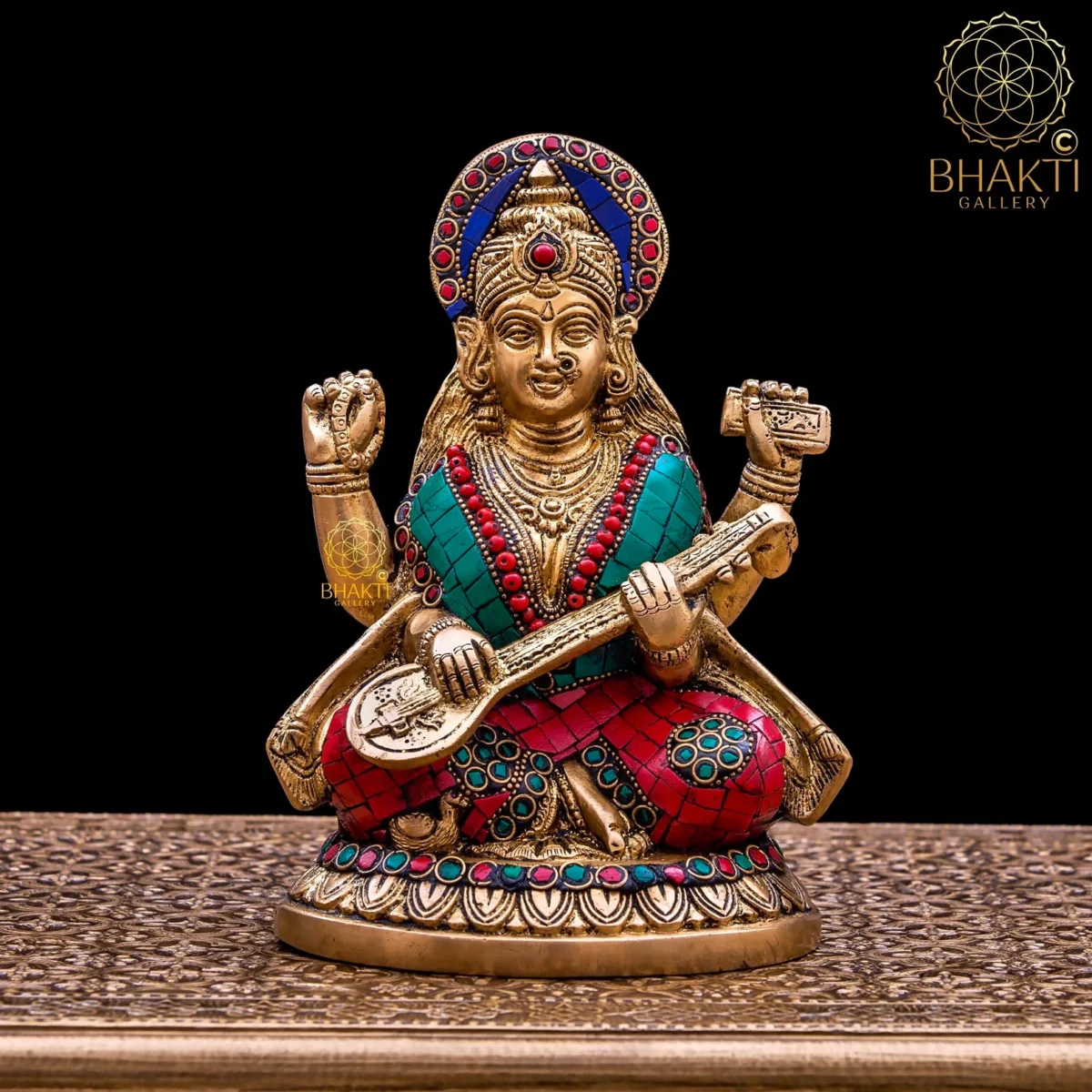 Brass Goddess Saraswati Statue with Stonework, 21 cm Saraswati Idol, Hindu Goddess of Knowledge, Music & Arts