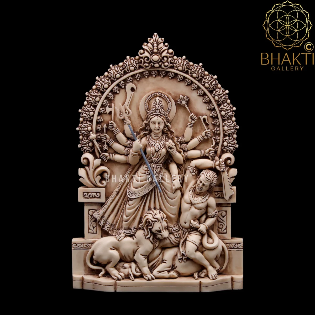 Maa Durga Statue, 26 cm Ivory Finish Dust Marble Mahishasuramardini Idol, Bengali Durga Murti