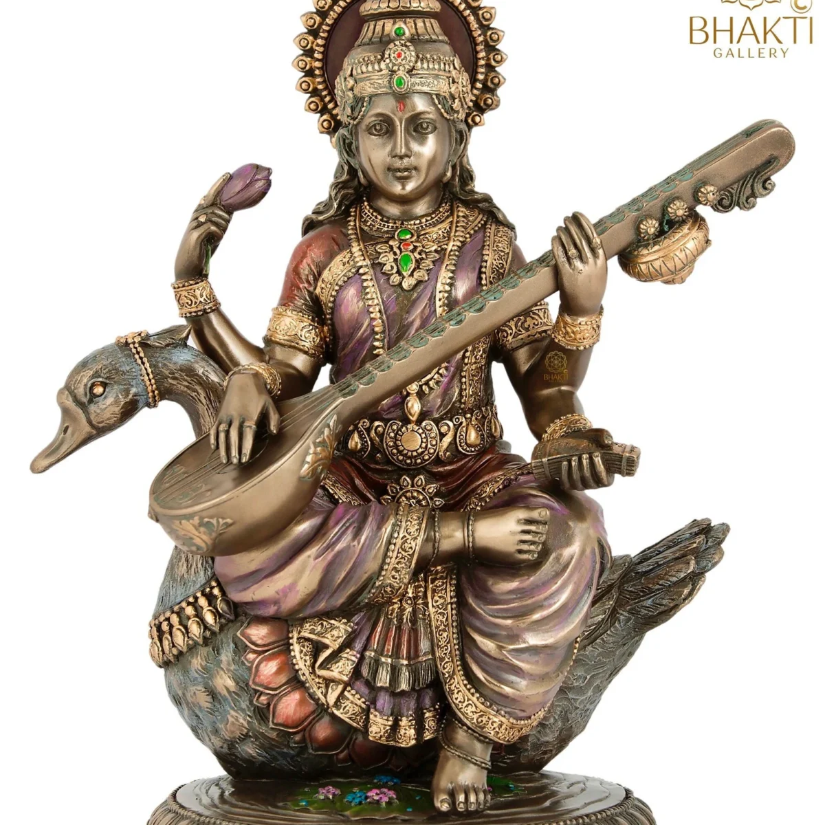 Goddess Saraswati Statue on Swan, 21 cm Bonded Bronze Saraswati Idol, Hindu Goddess of Knowledge, Music & Arts