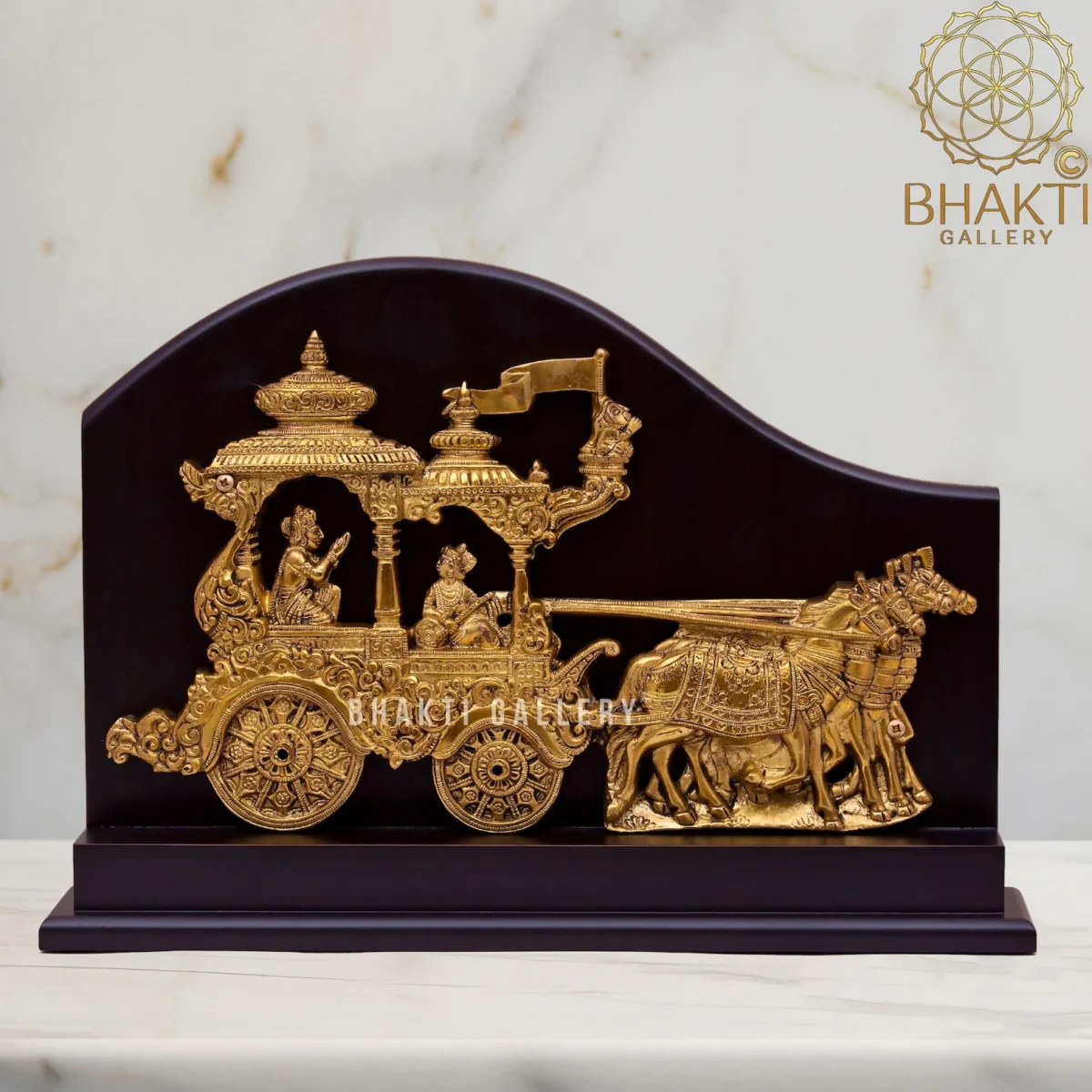 Brass Lord Krishna & Arjuna Rath Chariot (37 cm) – Krishna as Sarthi on Arjun Rath with 4 Horses