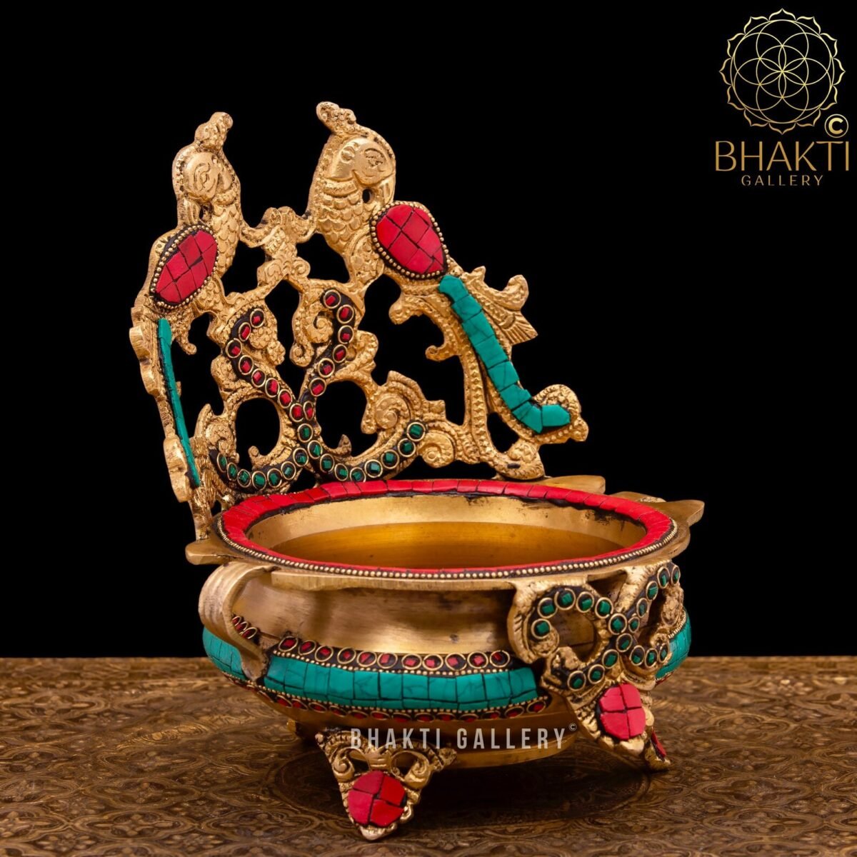 Decorative Brass Peacock Urli, 21 cm Stonework Finish Bowl for Home, Office & Festive Decor