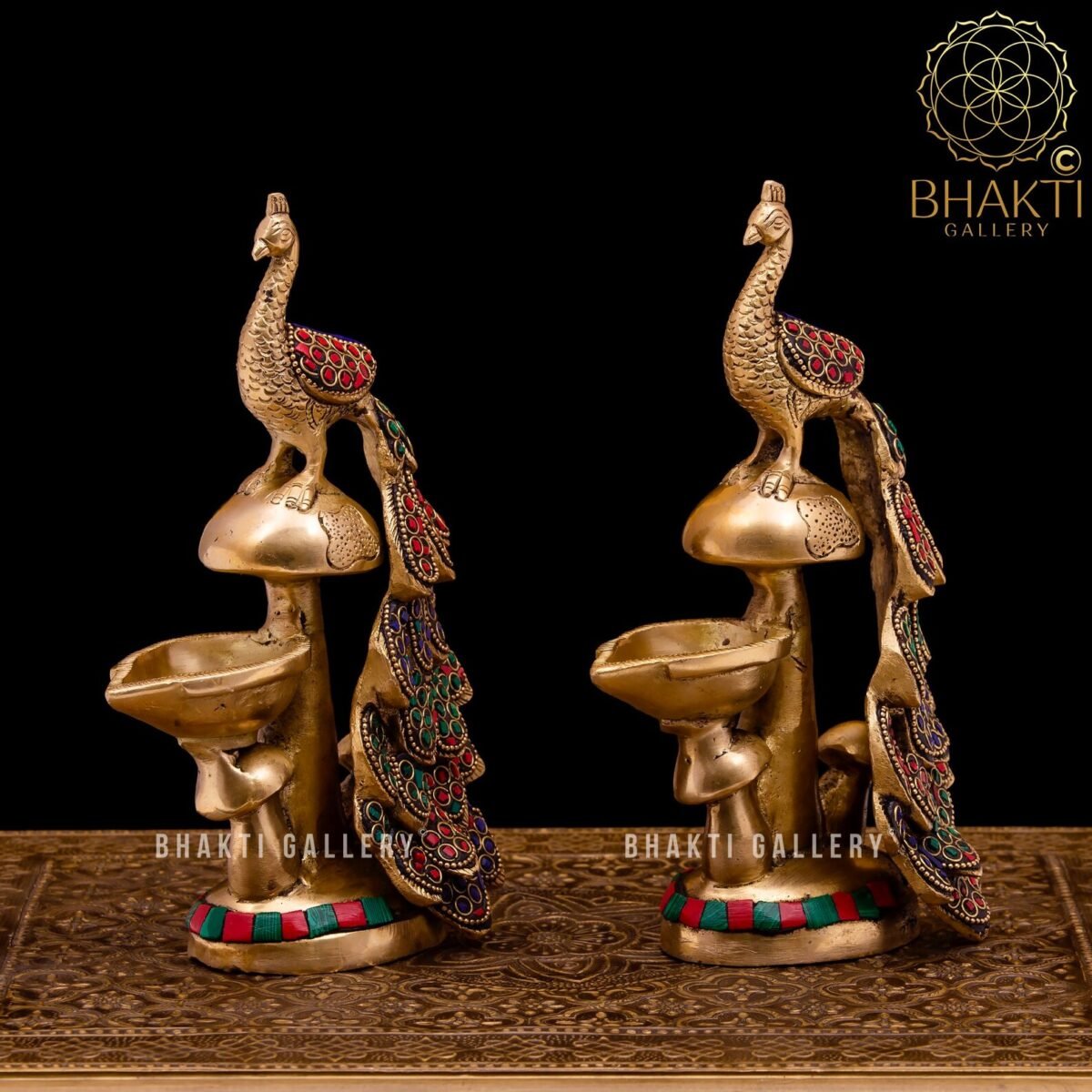 Brass Peacock Diya with Stonework – 22 cm Decorative Brass Oil Lamp Stand (Set of 2)