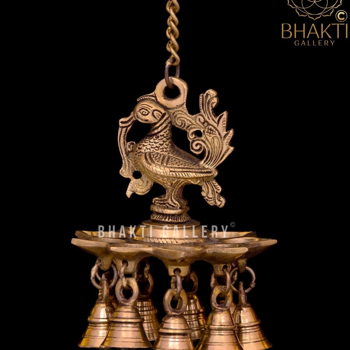 Brass Hanging Diya with Bells, 51 cm Annam Bird Design Oil Lamp