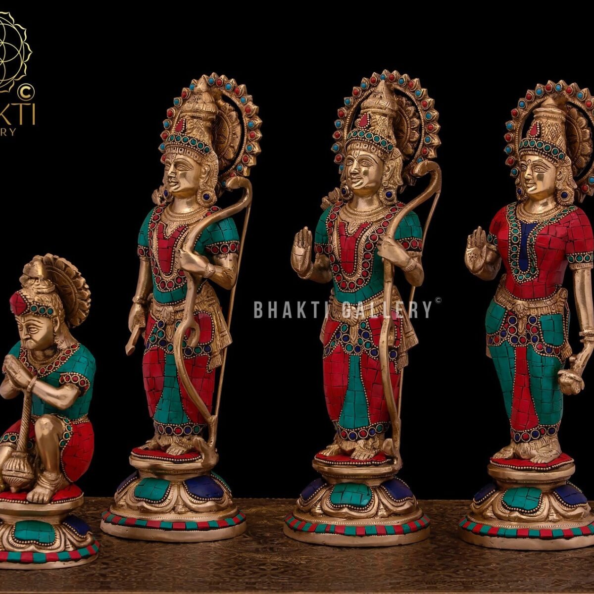 33 cm Brass Ram Darbar Murti with Stonework, Colorful Rama Sita Lakshman Hanuman Idol