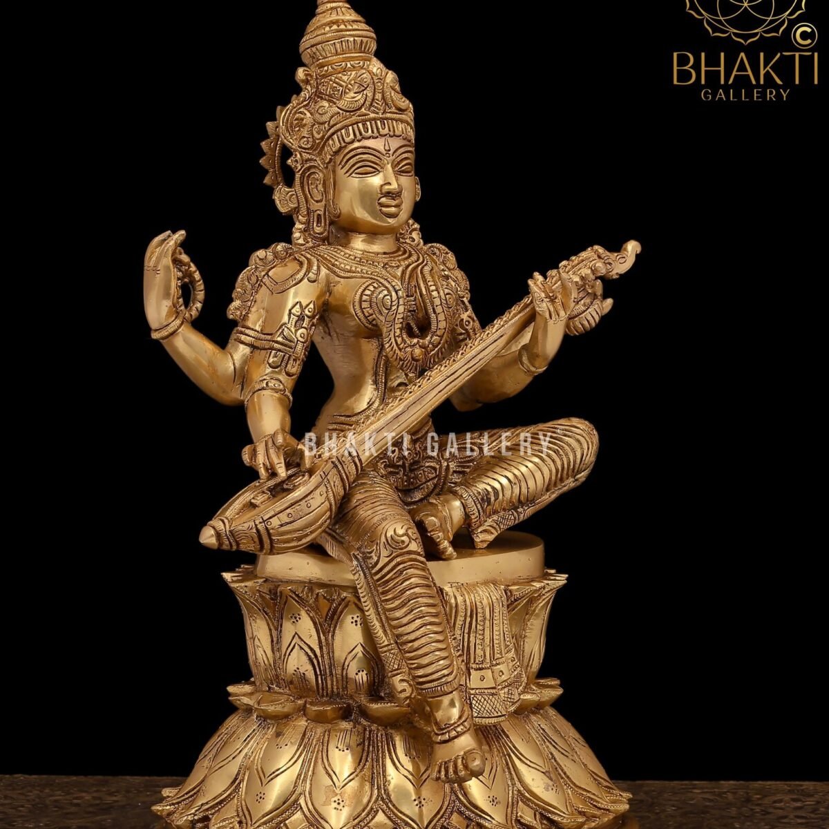 Large Brass Goddess Saraswati Statue, 38 cm Golden Finish Idol, Hindu Goddess of Knowledge, Music & Arts
