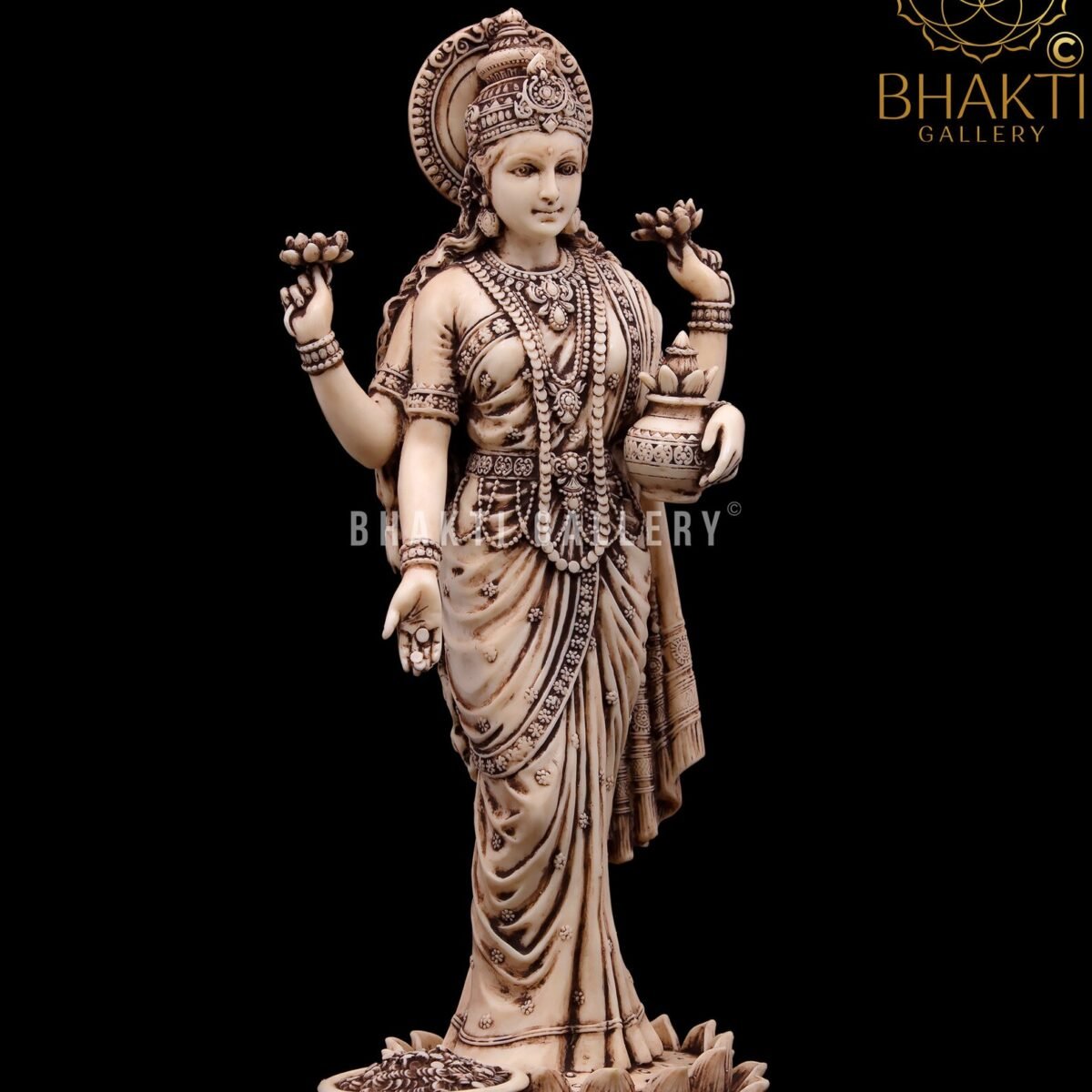 Standing Goddess Lakshmi Statue, 25 cm Antique Finish Dust Marble Laxmi Idol, Goddess of Wealth & Prosperity