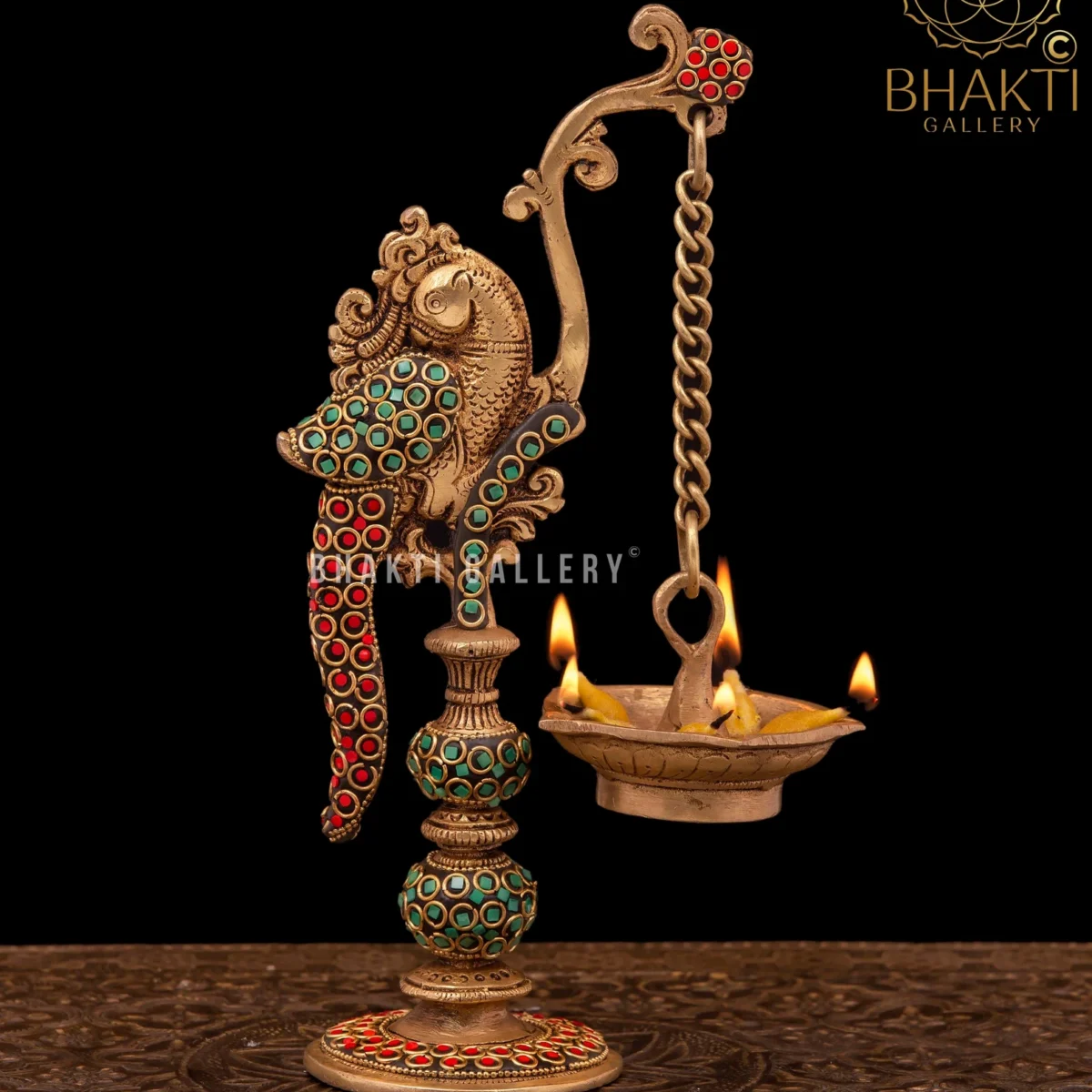 22 cm Parrot Design Brass Diya Set with Mosaic Stonework, 2-Piece Traditional Brass Oil Lamps