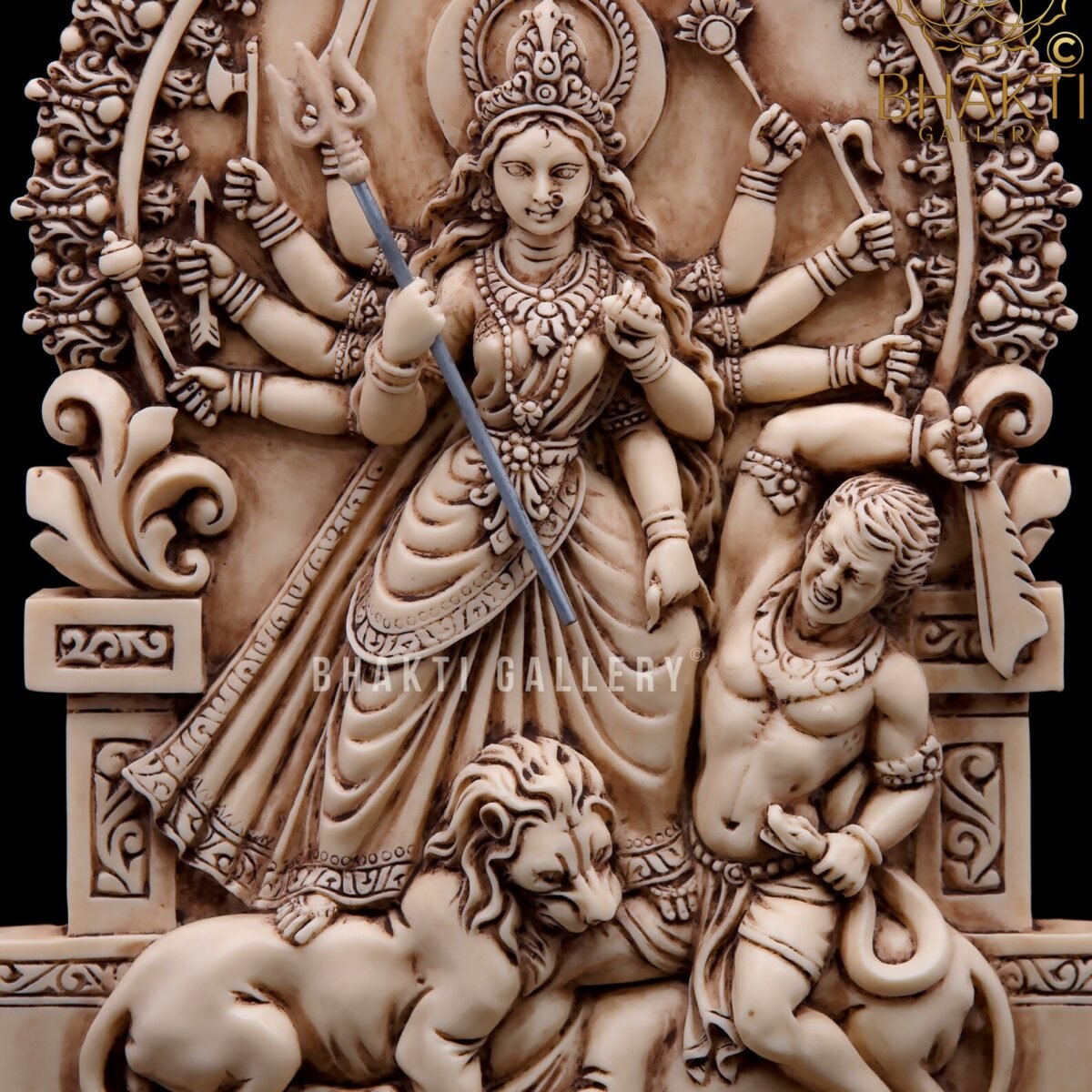 Maa Durga Statue, 26 cm Ivory Finish Dust Marble Mahishasuramardini Idol, Bengali Durga Murti