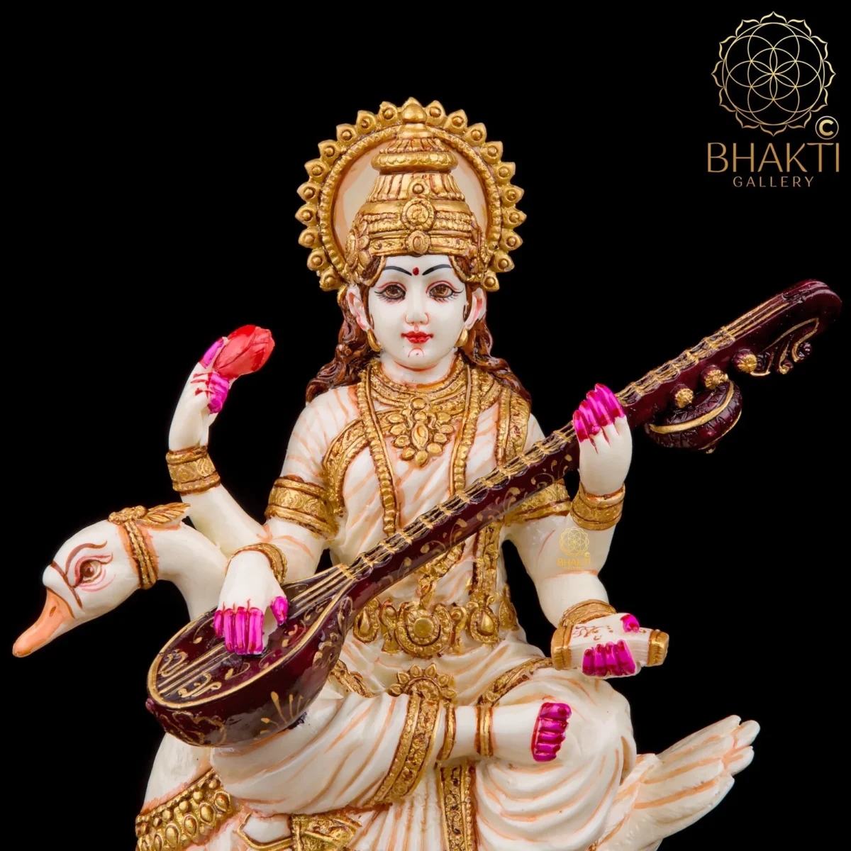 Goddess Saraswati Statue on Swan, 21 cm Hand-Painted Cultured Marble Idol, Hindu Goddess of Knowledge, Music, Arts & Wisdom