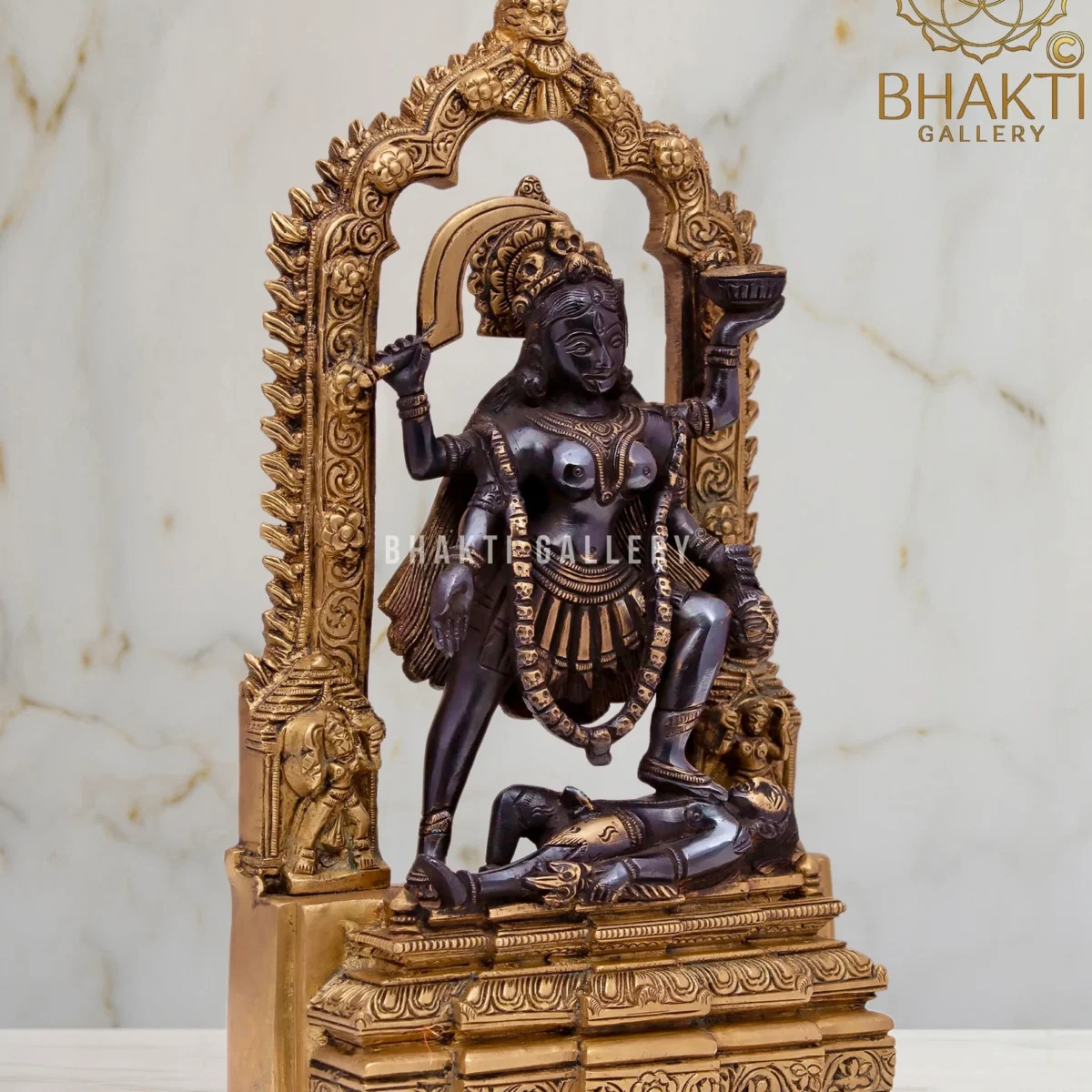 Maa Kali Brass Statue, 27 cm Big Brass Goddess Kali Idol with Black & Golden Finish, Hindu Goddess of Power & Time