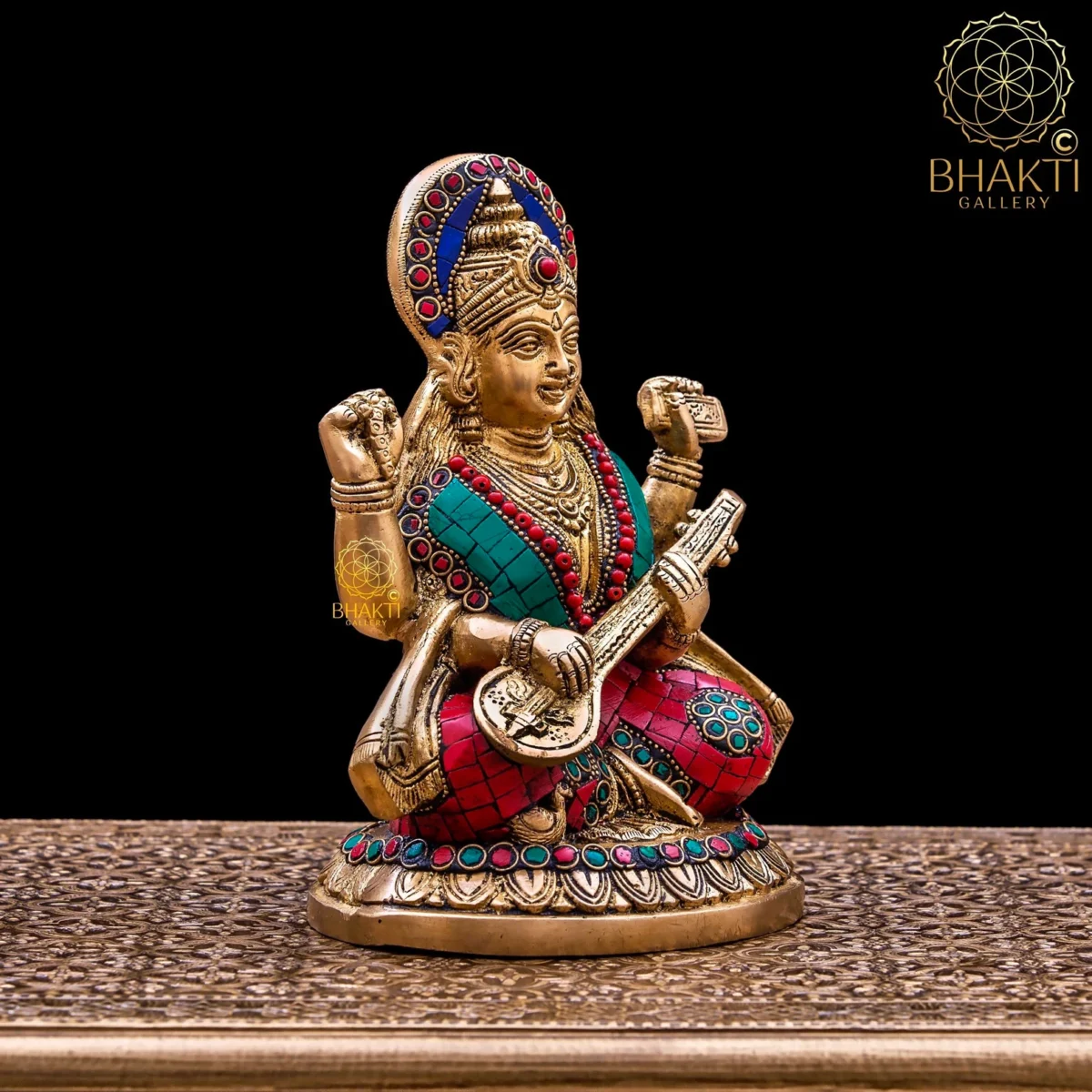 Brass Goddess Saraswati Statue with Stonework, 21 cm Saraswati Idol, Hindu Goddess of Knowledge, Music & Arts