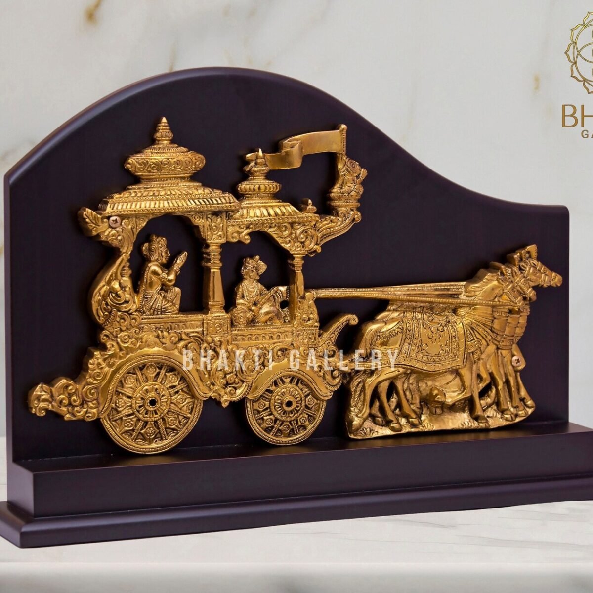 Brass Lord Krishna & Arjuna Rath Chariot (37 cm) – Krishna as Sarthi on Arjun Rath with 4 Horses