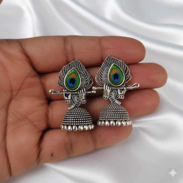 Krishna Mor Pankh Oxidized Silver Jhumka Earrings with Flute Design