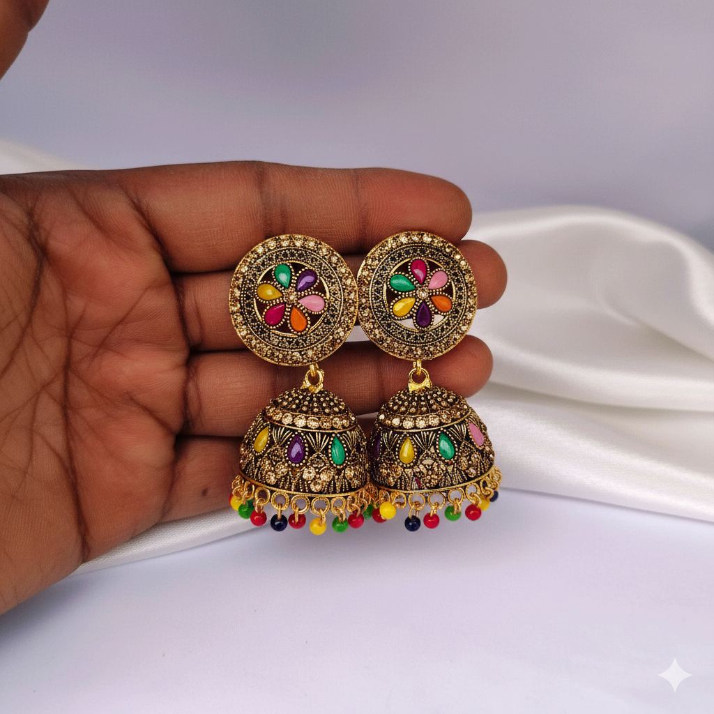 Multicolor Kundan Style Gold Finish Jhumka Earrings with Beaded Drops