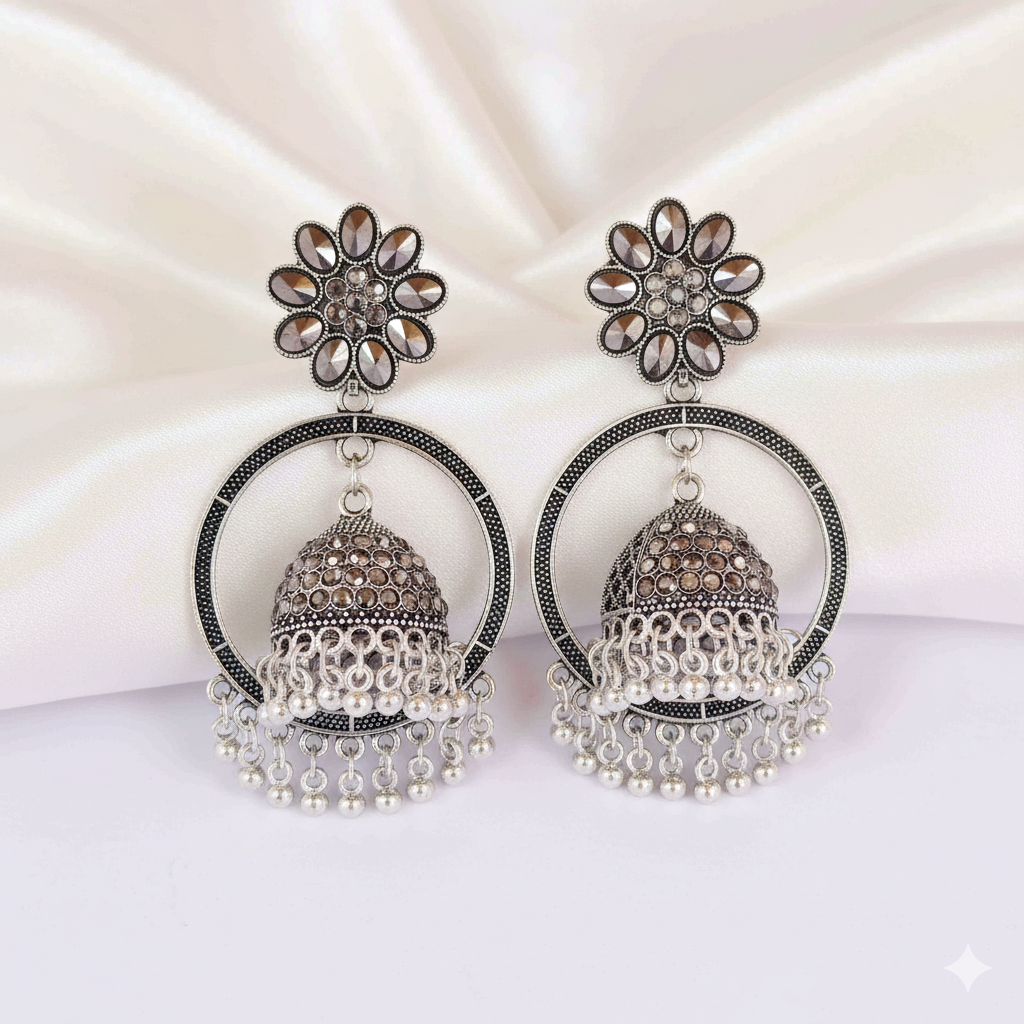Floral Oxidized Silver Hoop Jhumka Earrings with Pearl Drops