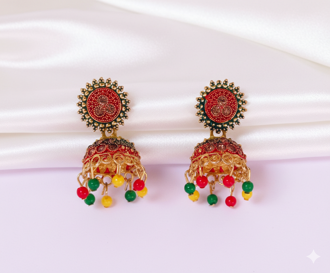 Traditional Multicolor Meenakari Jhumka Earrings with Beaded Danglers