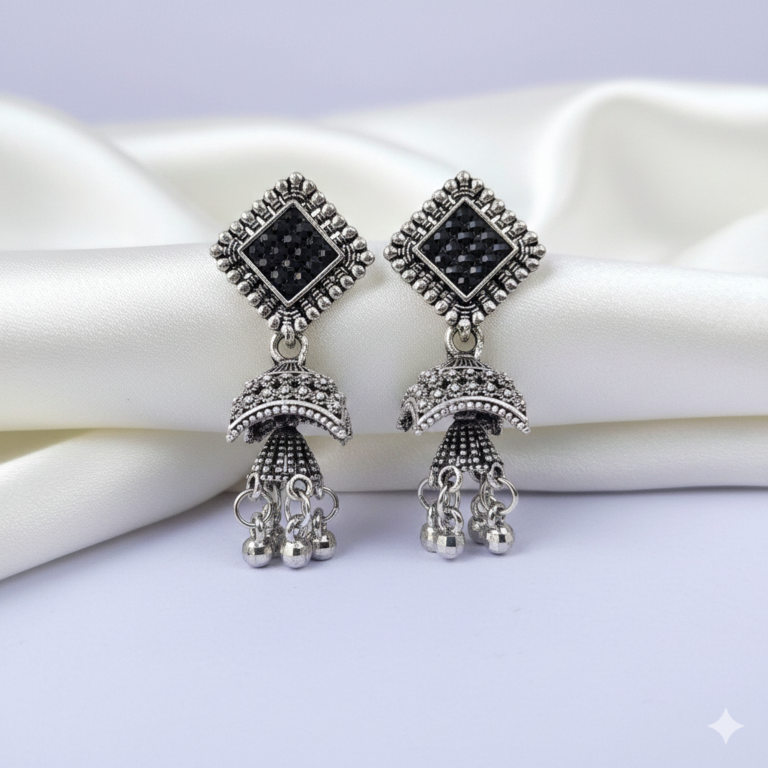 Oxidized Silver Black Stone Square Jhumka Earrings with Hanging Ghungroo Drops