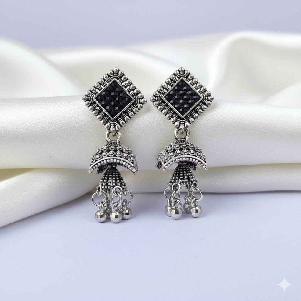 Oxidized Silver Black Stone Square Jhumka Earrings with Hanging Ghungroo Drops