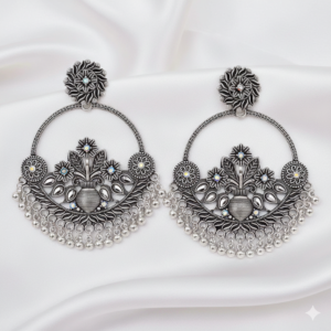 Oxidized Silver Floral Hoop Earrings with Traditional Ghungroo Drops