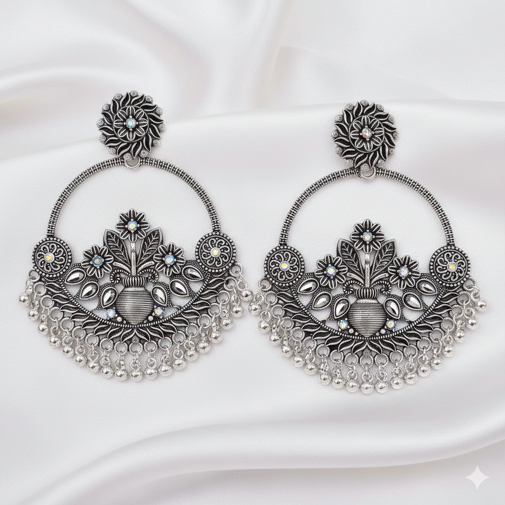 Oxidized Silver Floral Hoop Earrings with Traditional Ghungroo Drops