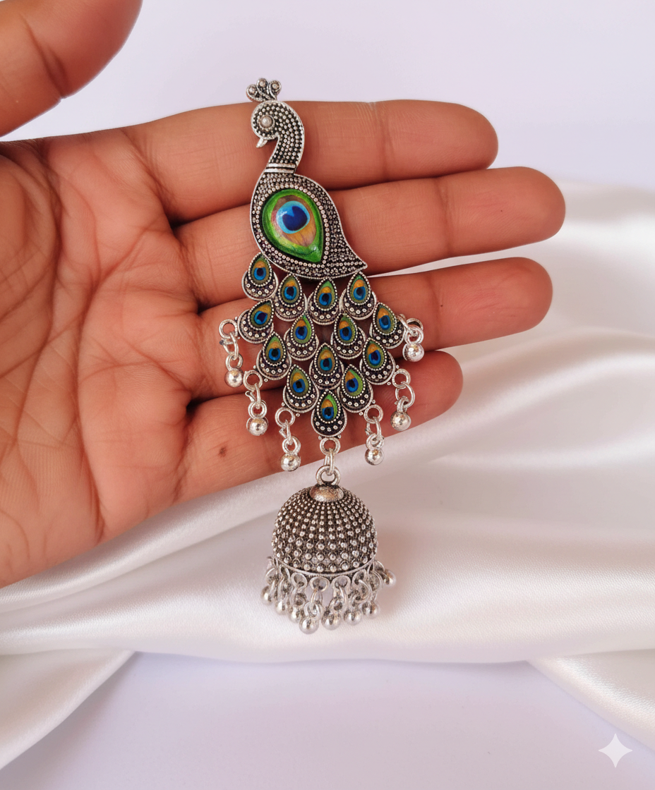 Royal Peacock Oxidized Silver Long Jhumka Earrings with Mor Pankh Detailing