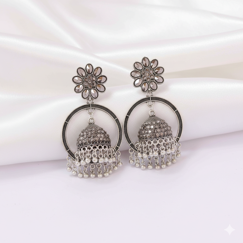 Floral Oxidized Silver Hoop Jhumka Earrings with Pearl Drops